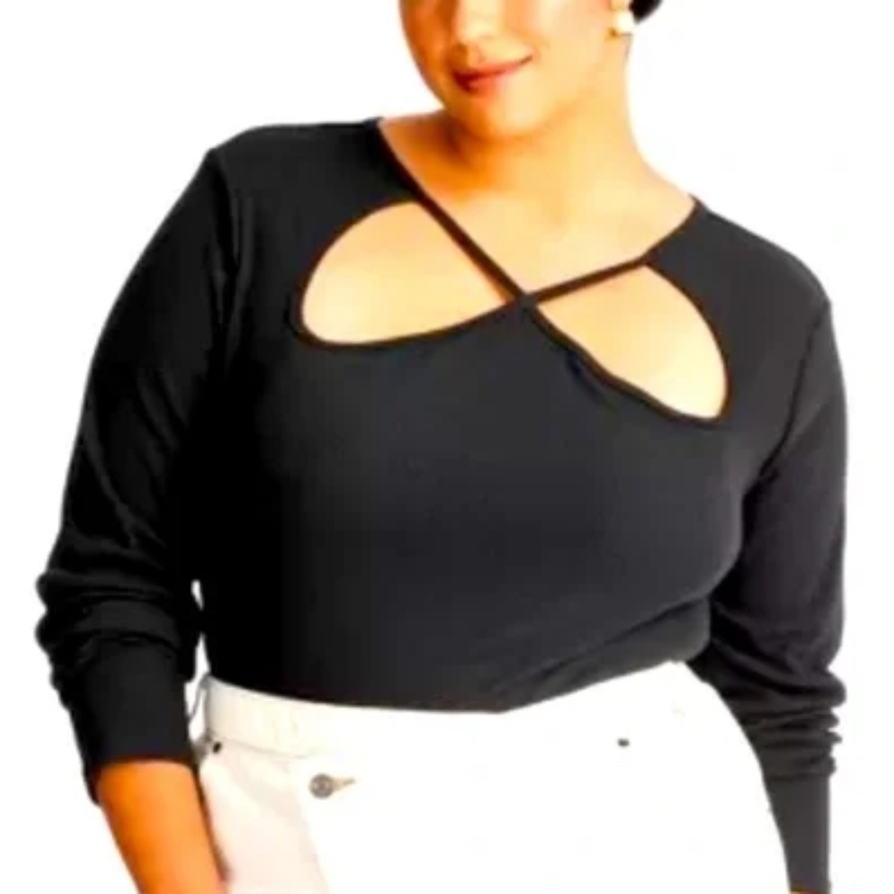 Bodysuit-3X Black Ribbed Cut Out V-Neck Long Sleeves Target Future Collective